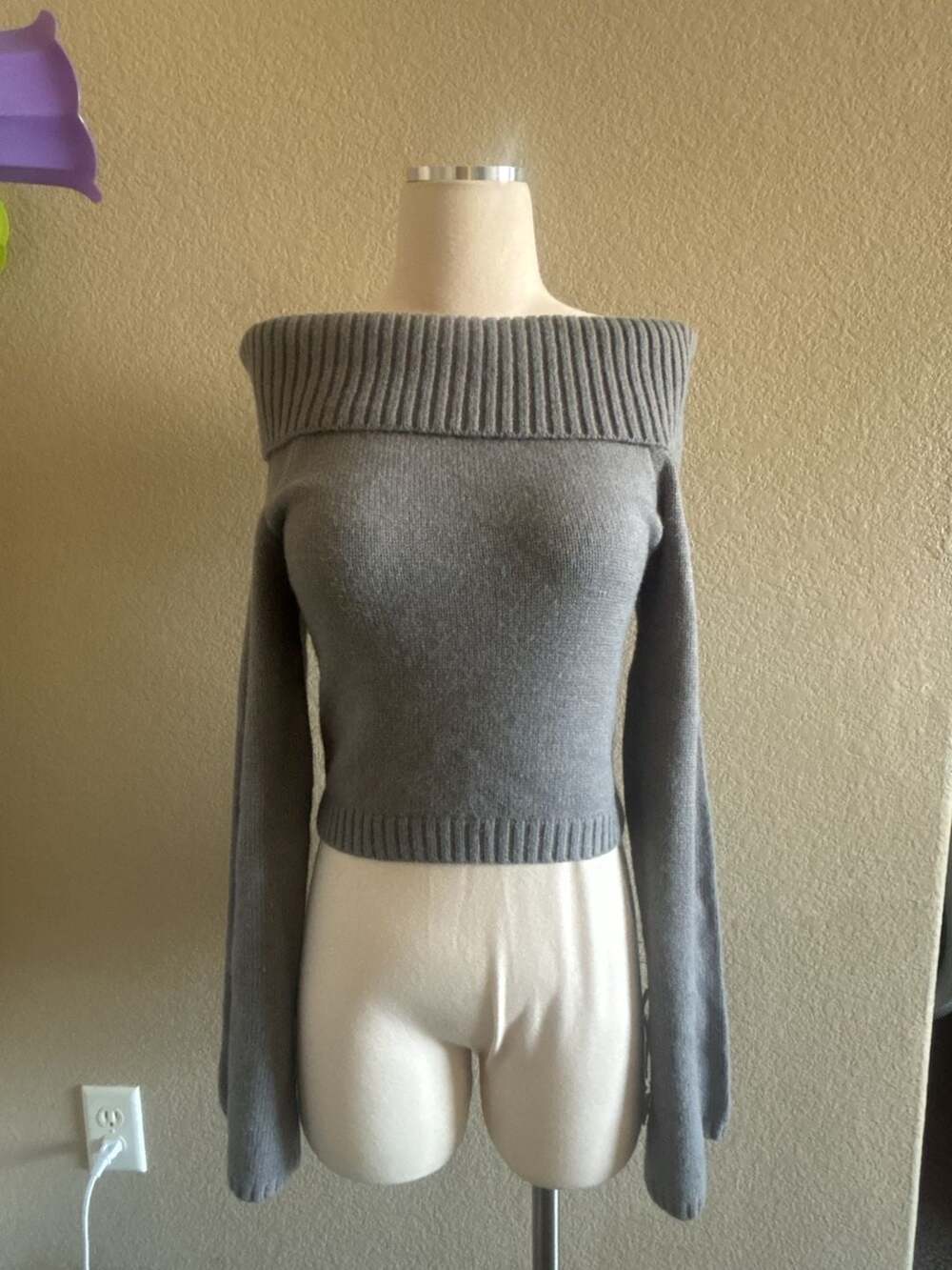 Shein Off The Shoulder Crop Sweater Size L Gray Knit Pullover